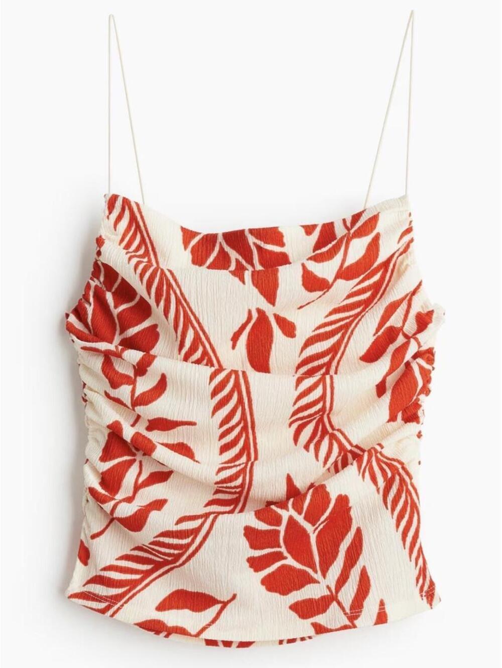 H&M Draped Strappy Camisole Top Size Medium (Cream/Red Tropical Leaf Print).